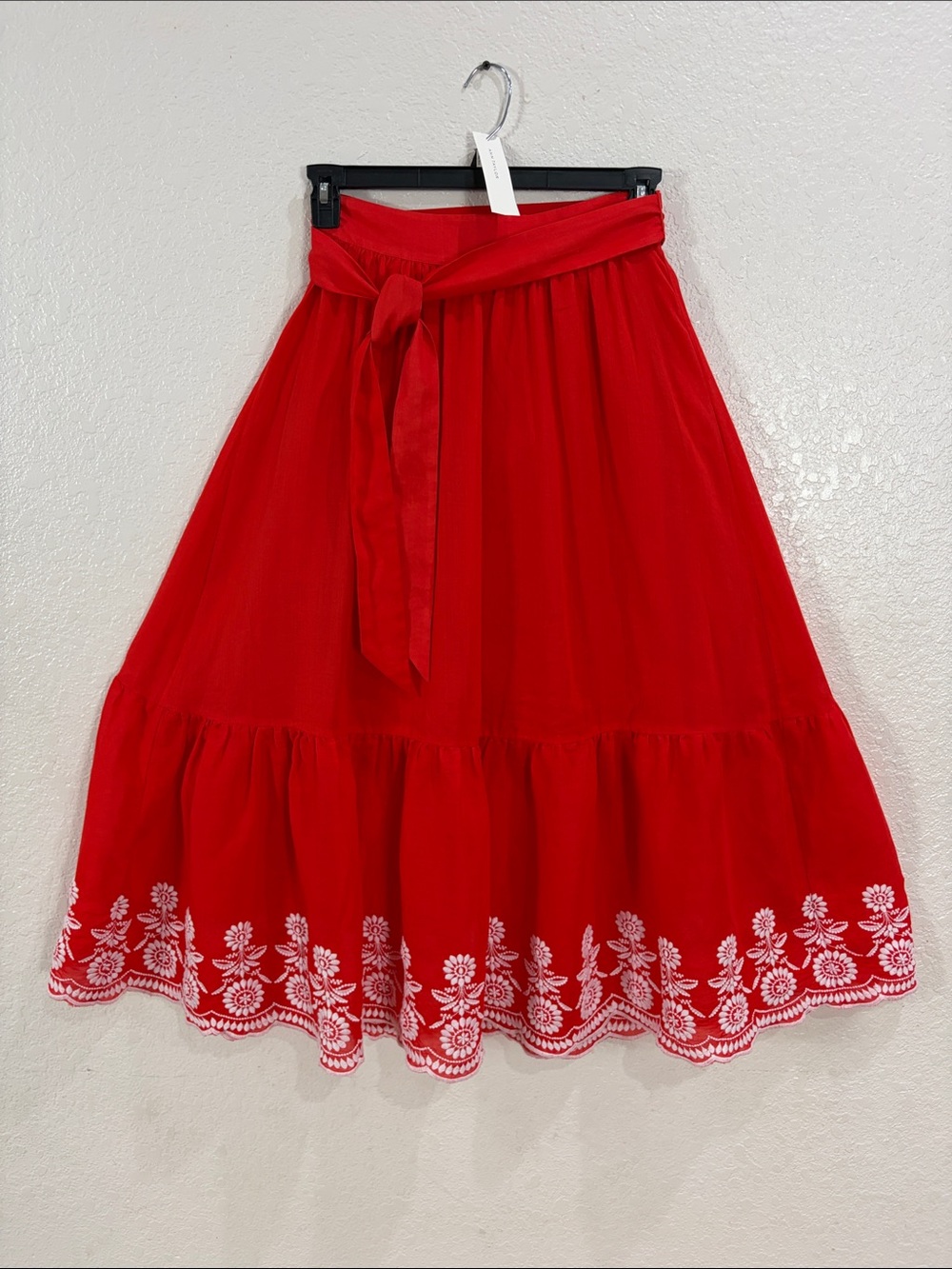 Ann Taylor,Size 2,Red Embroidered Tiered Midi Skirt with Waist Tie